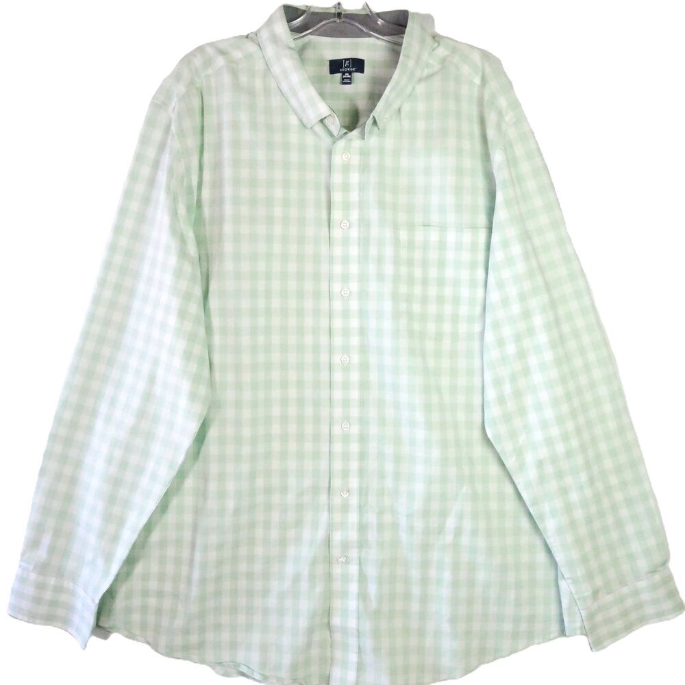 George Men's Size 3XL Button Down Green Check Shirt Long Sleeve